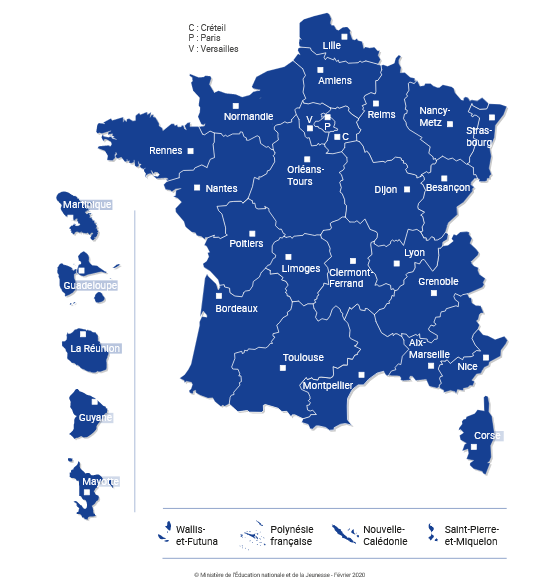 Image de la carte des académies en France. Cliquez pour accéder au service Affectation du portail Scolarité Services
