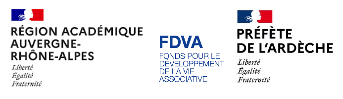 Logos Région académique Auvergne Rhône Alpes, FDVA et Préfecture Ardèche