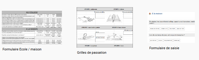 exemples d'outils : formulaires école- maison, grille de passation, formulaire de saisie